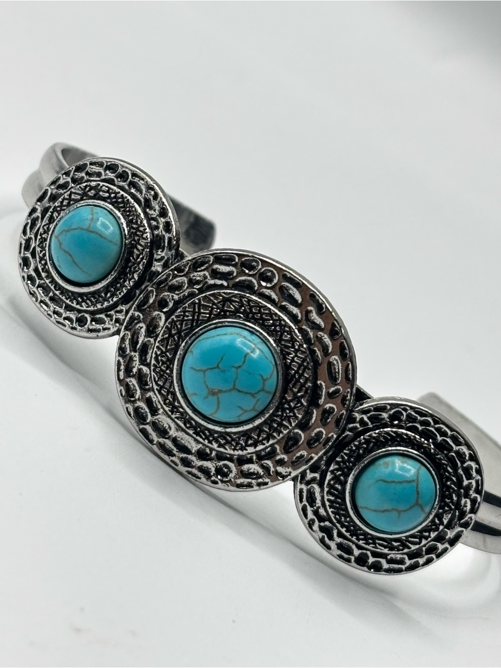 Faux turquoise silver tone open cuff boho women’s bracelet